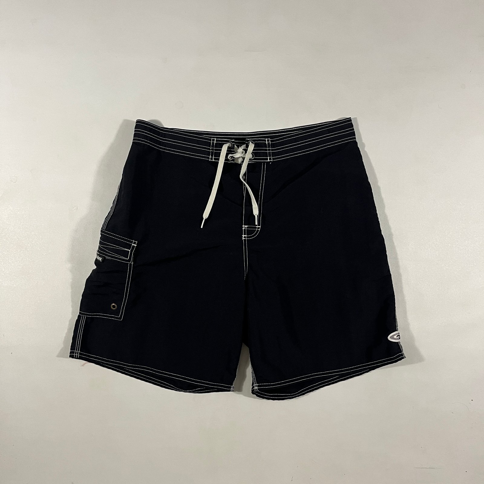 Vintage Y2K Black Nylon Board Shorts Swim Trunks Contrast Stitch 36