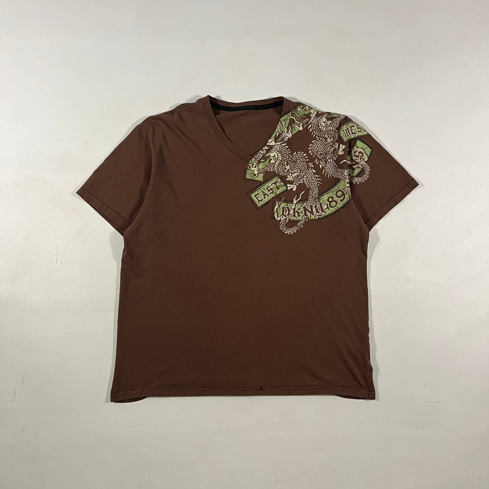 Vintage Y2K Brown Dragon Graphic V-Neck Tee East West 89
