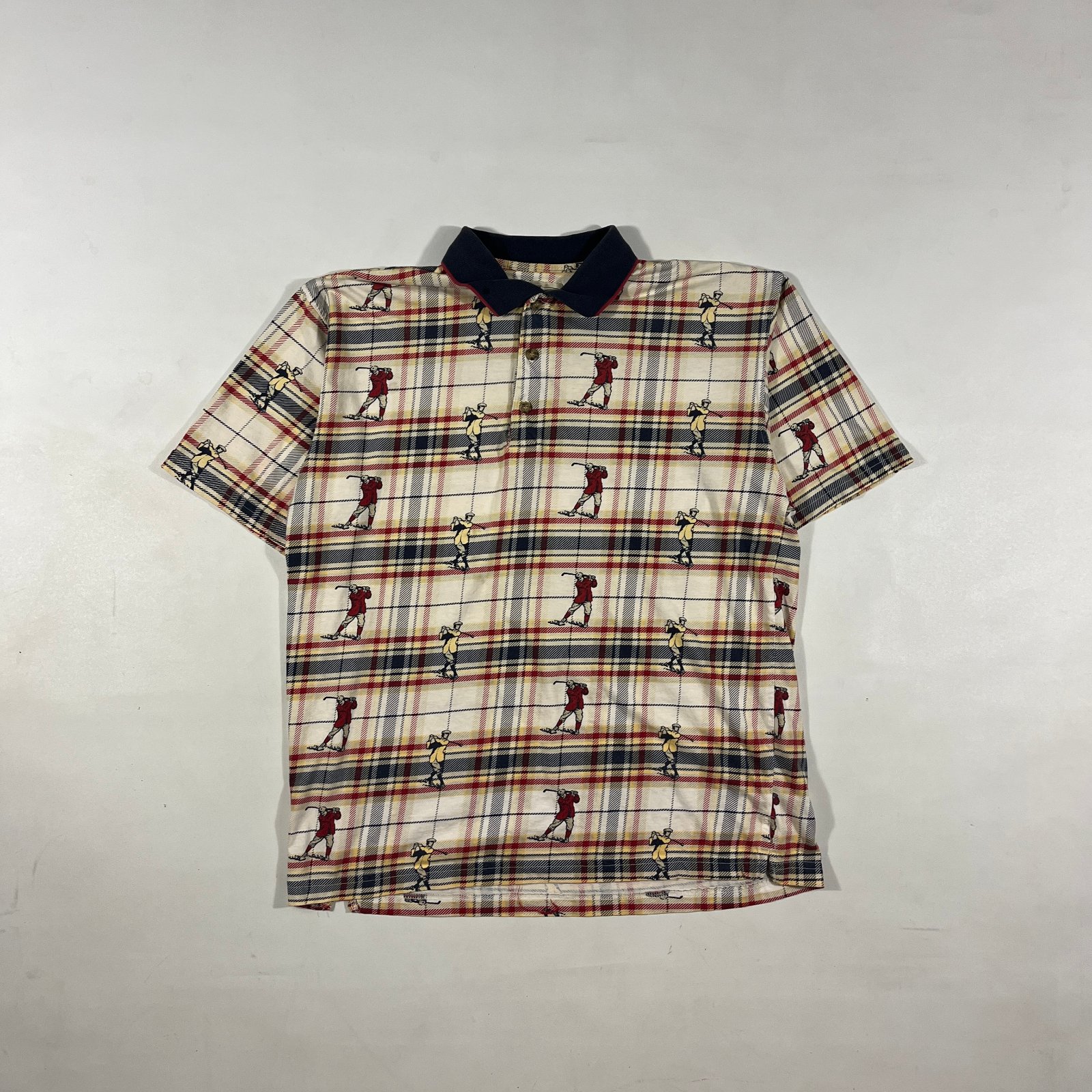 Vintage 90s Natural Issue Cream Plaid Golfer All Over Print Polo Shirt M