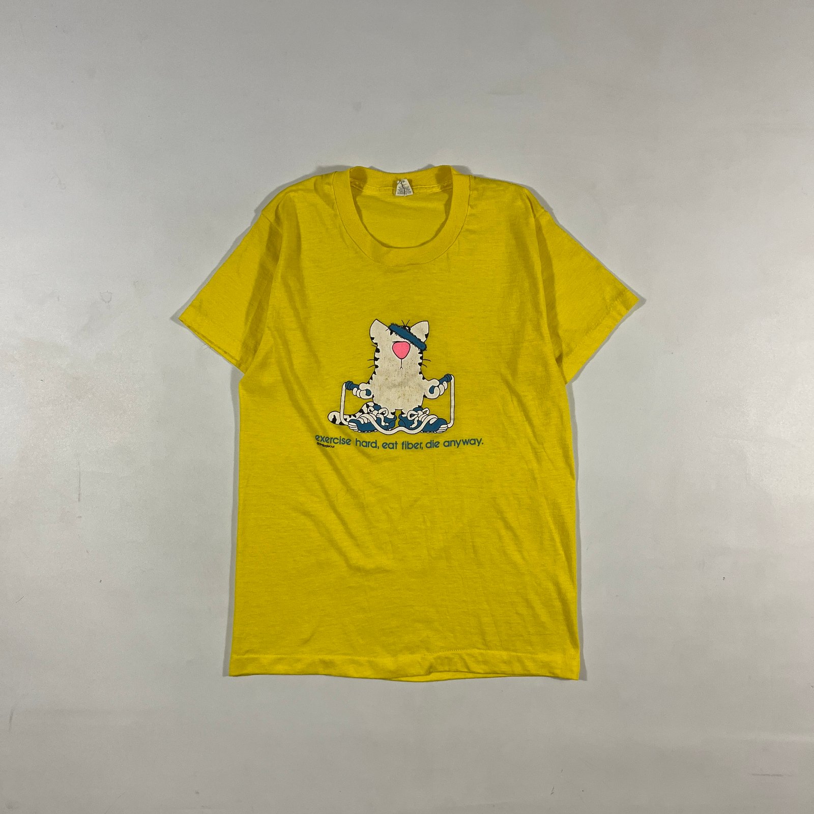 Vintage 90s Hanes "Exercise Hard Eat Fiber Die Anyway" Cat Cartoon Yellow Single Stitch