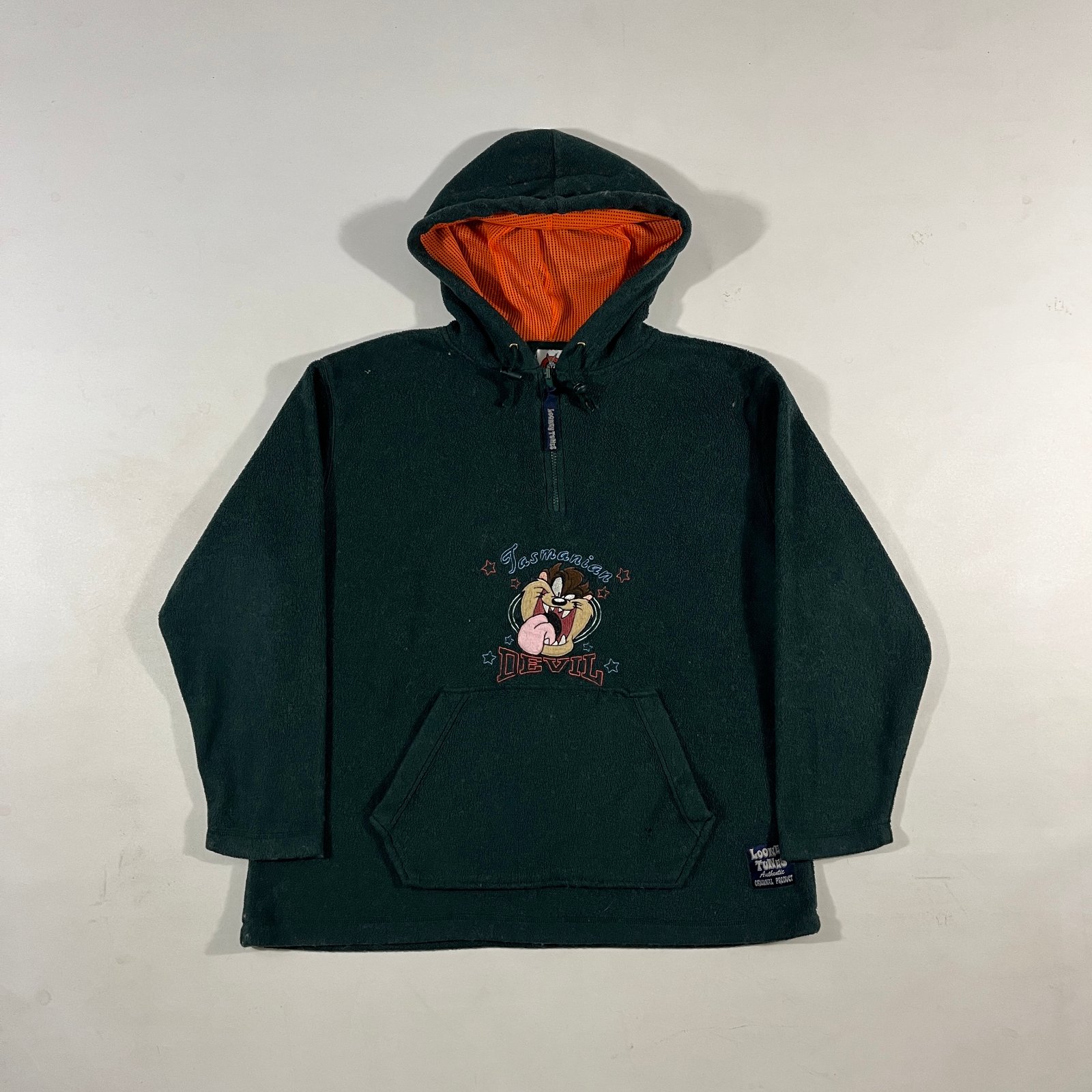 Vintage 90s Looney Tunes Tasmanian Devil Taz Green Fleece Quarter Zip Hoodie