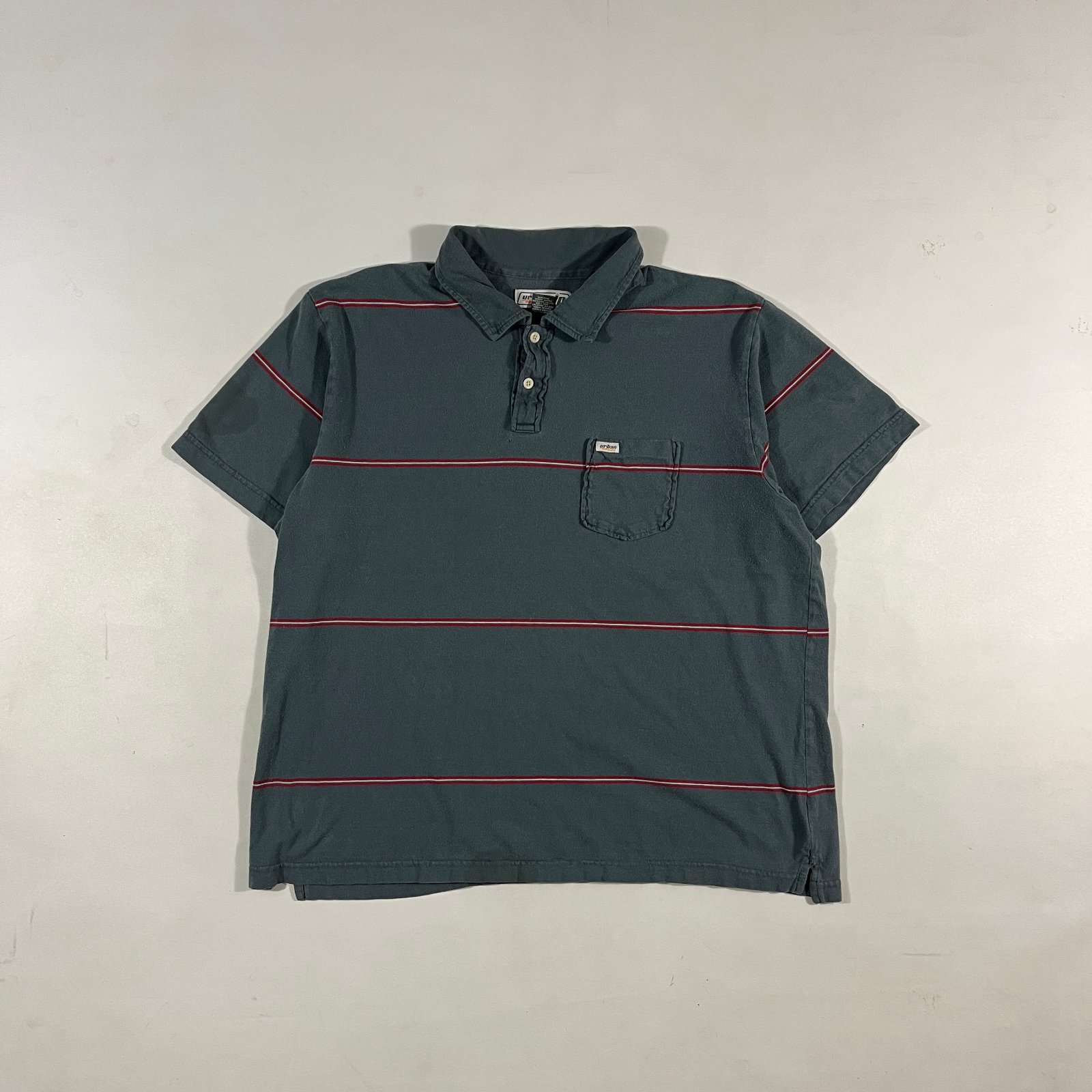 Vintage Y2K Urban Pipeline Dark Gray Red Striped Pocket Polo Shirt XL