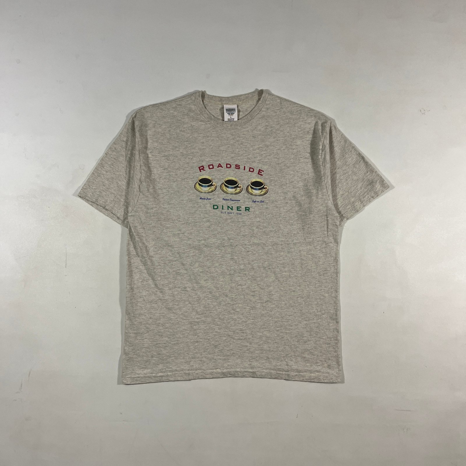 Vintage 90s Old Navy Roadside Diner Coffee Graphic Tee Heather Gray L USA