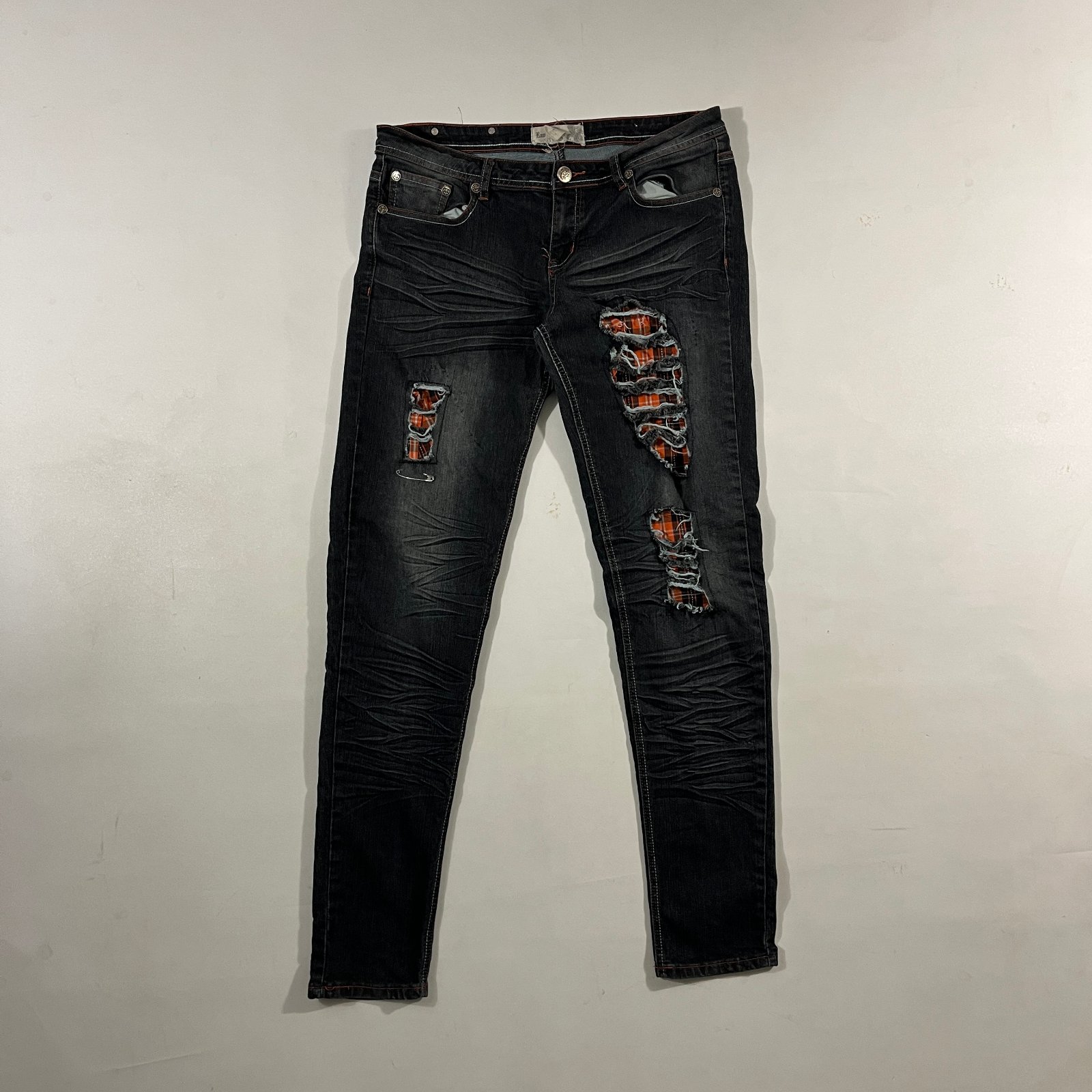 Y2K Raw Blue Faded Black Distressed Plaid Patch Low Rise Skinny Jeans