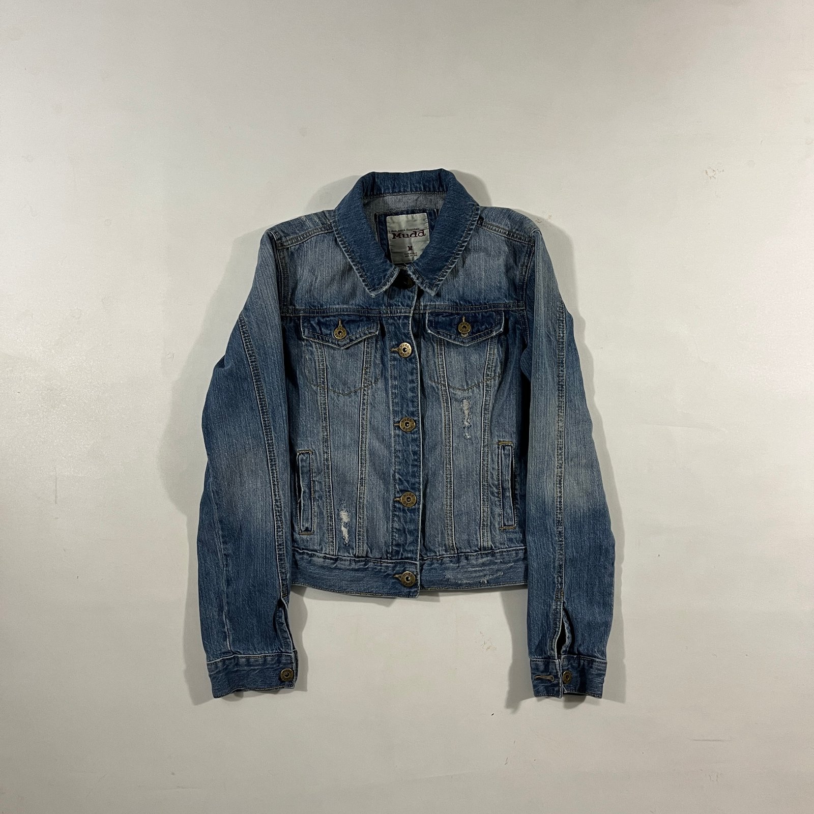 Y2K Mudd Medium Wash Fitted Cropped Distressed Denim Jean Jacket M