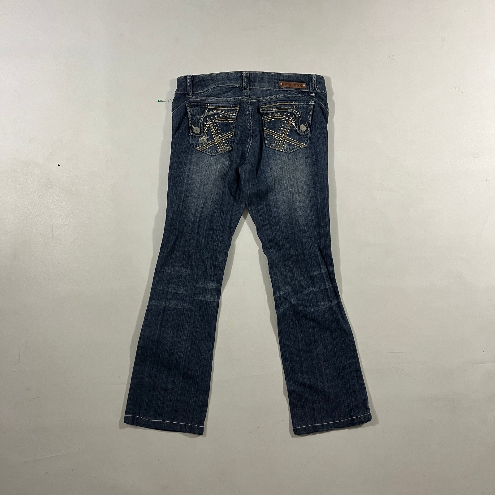 Y2K Almost Famous Dark Wash Distressed Low Rise Bootcut Flare Jeans Studded