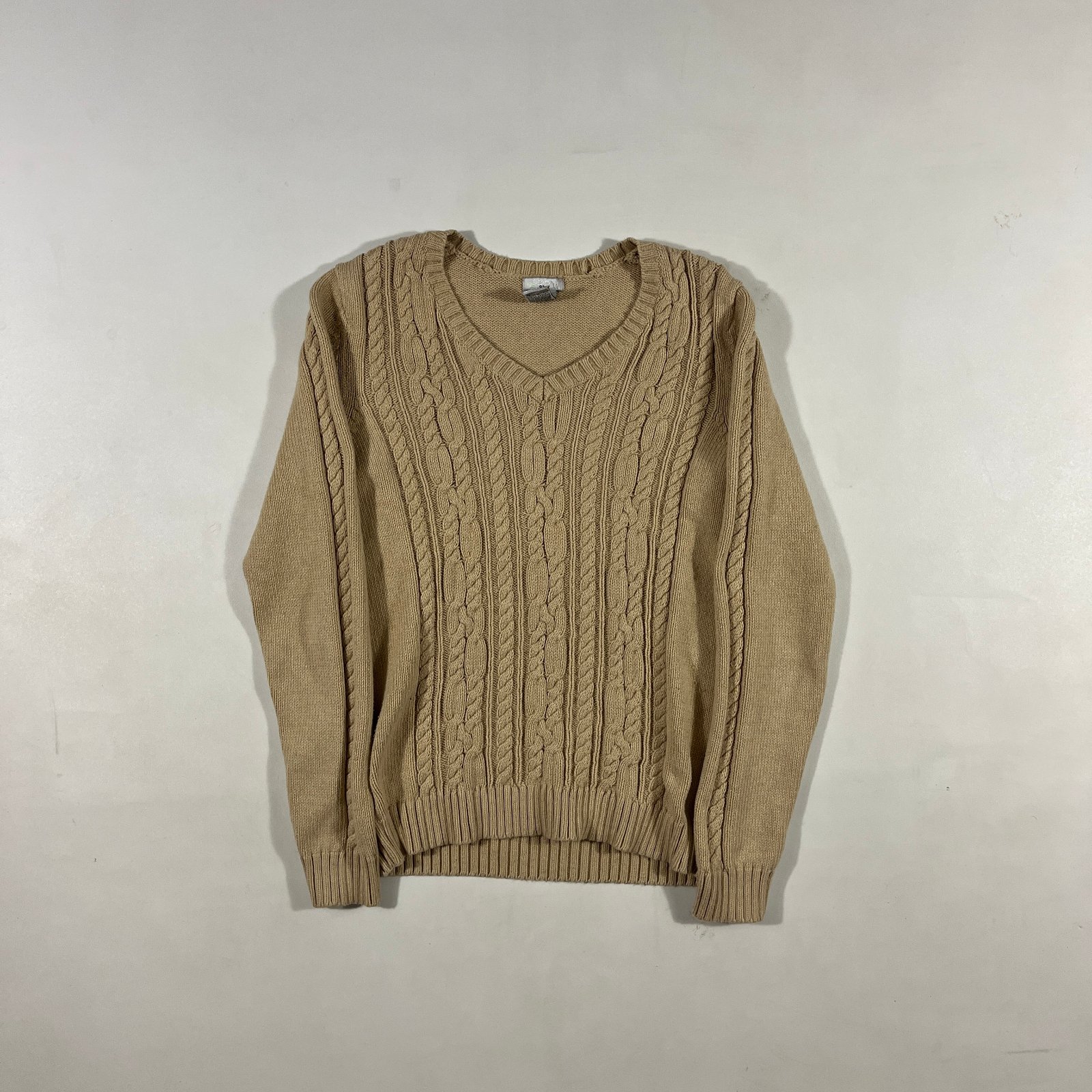 Vintage Izod Golf Tan Cable Knit Cotton V-Neck Sweater Women's S