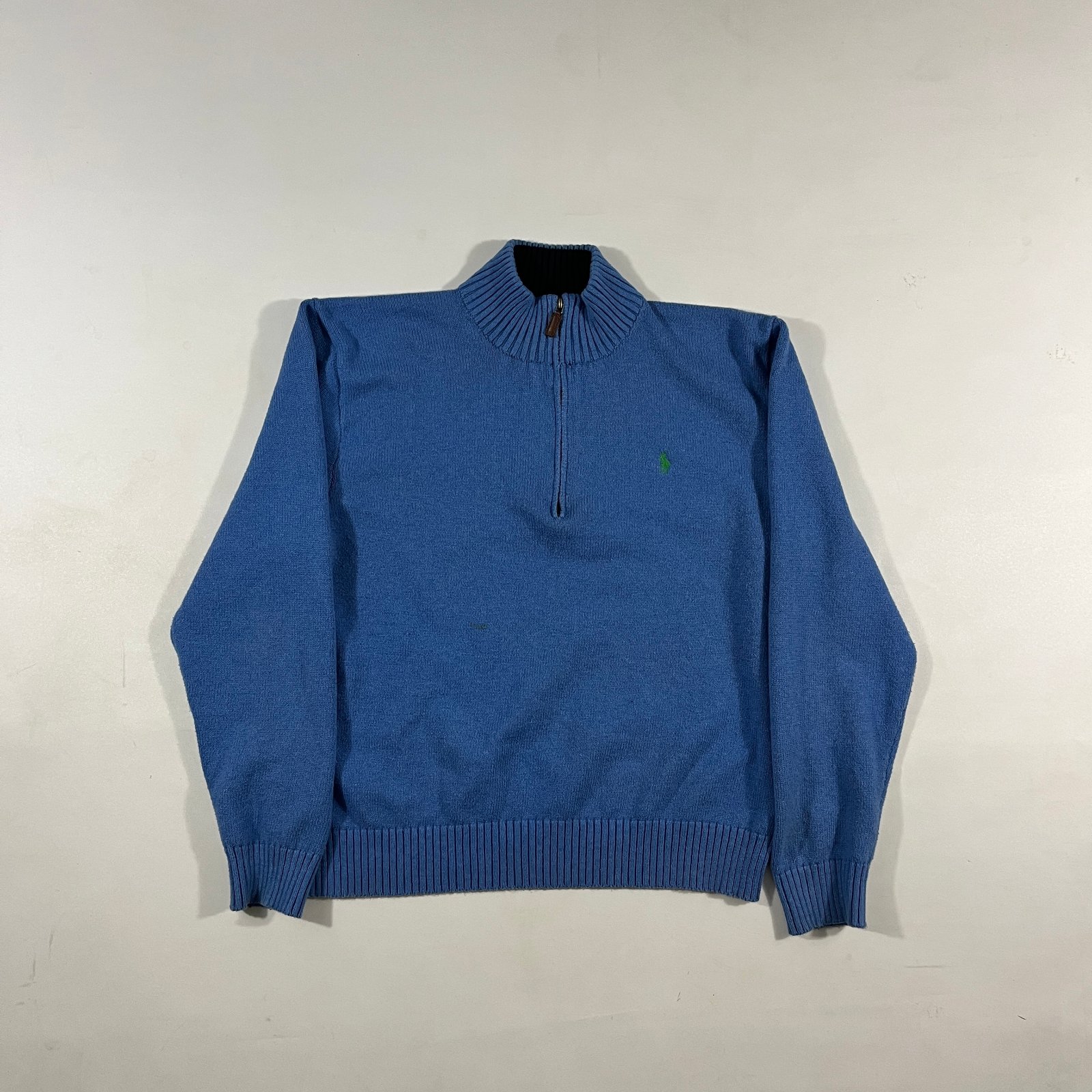 Vintage Polo Ralph Lauren Blue Cotton Quarter Zip Mock Neck Sweater XXL