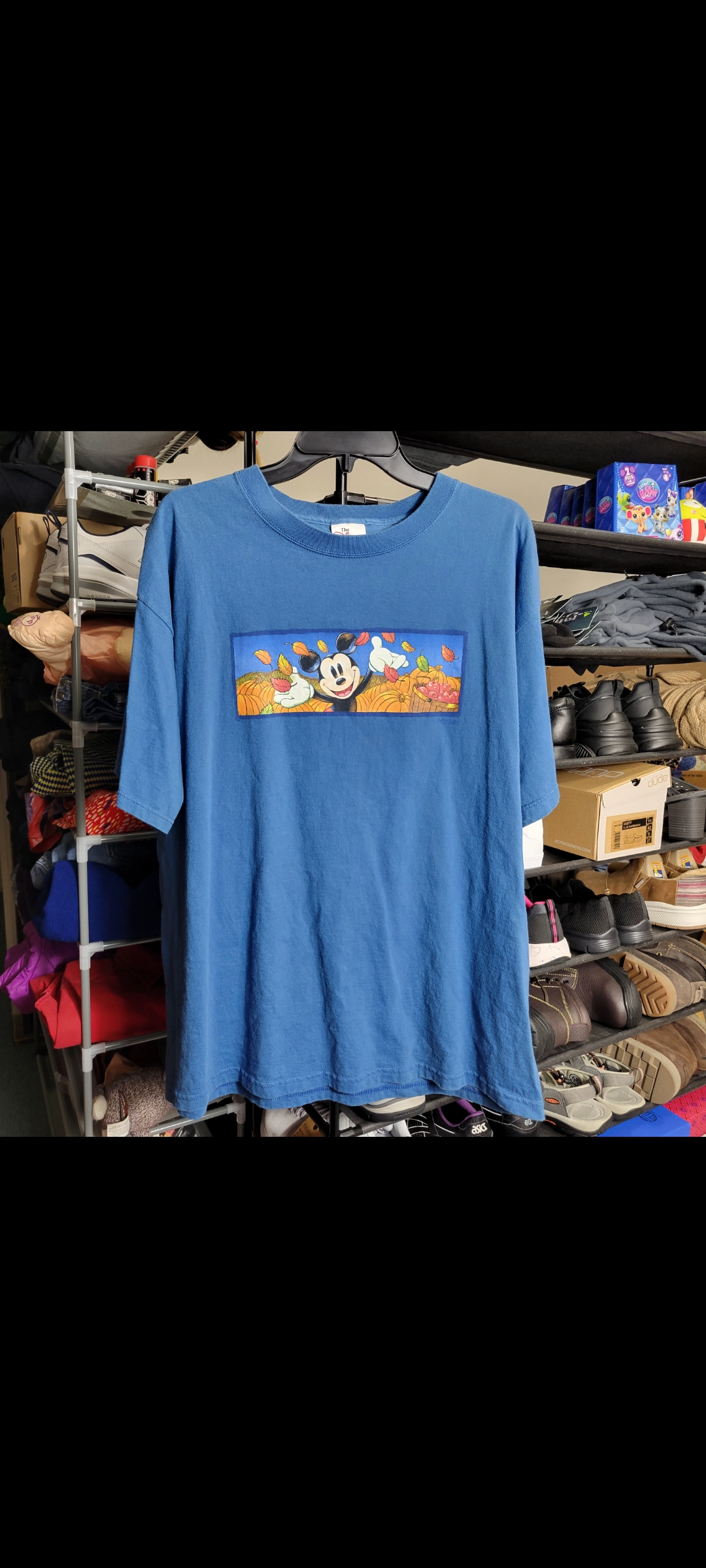 Mens XL Disney Mickey Mouse Vintage Halloween Pumpkin Autumn Shirt Blue