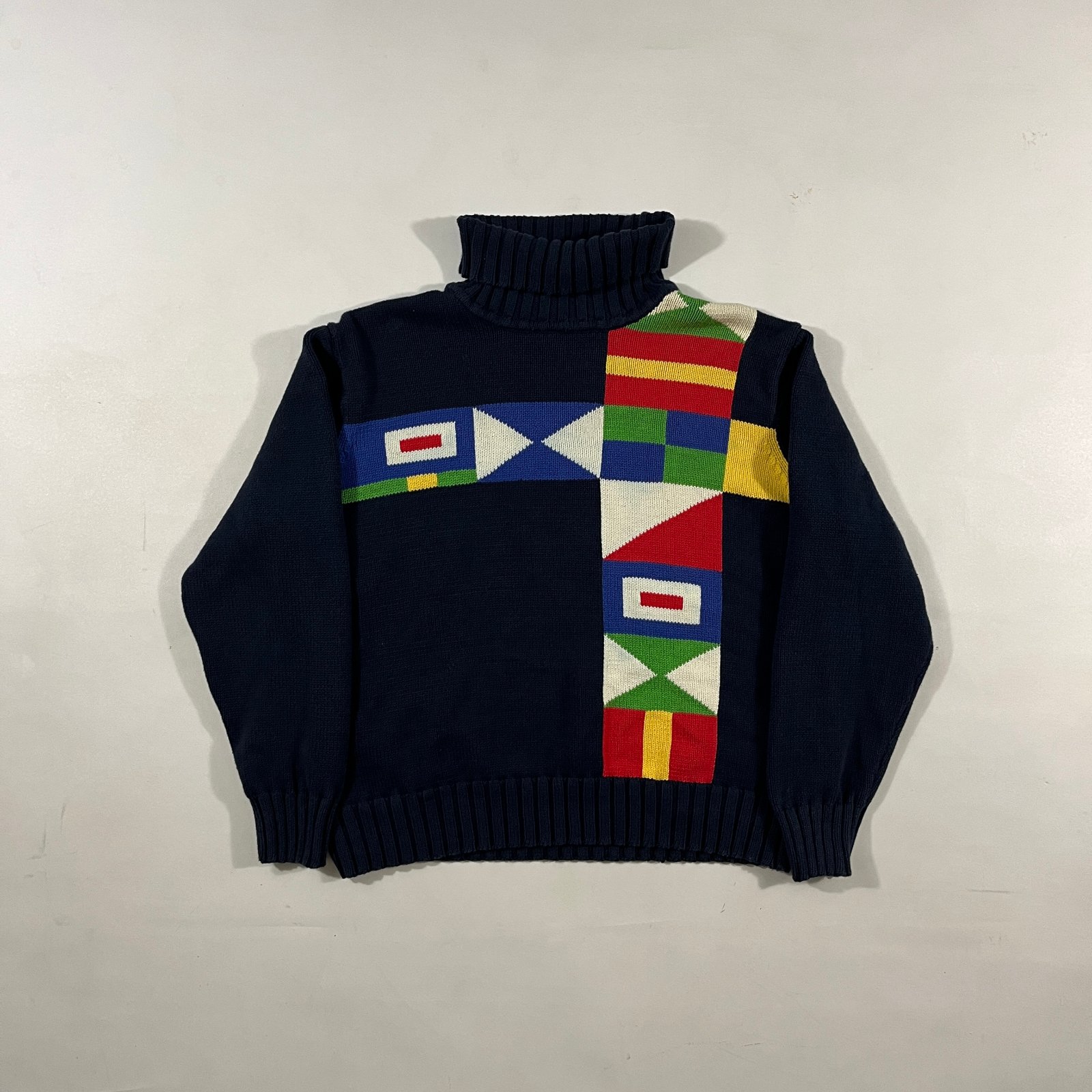 Vintage Y2K Norton McNaughton Navy Nautical Flag Cotton Turtleneck Sweater 2X