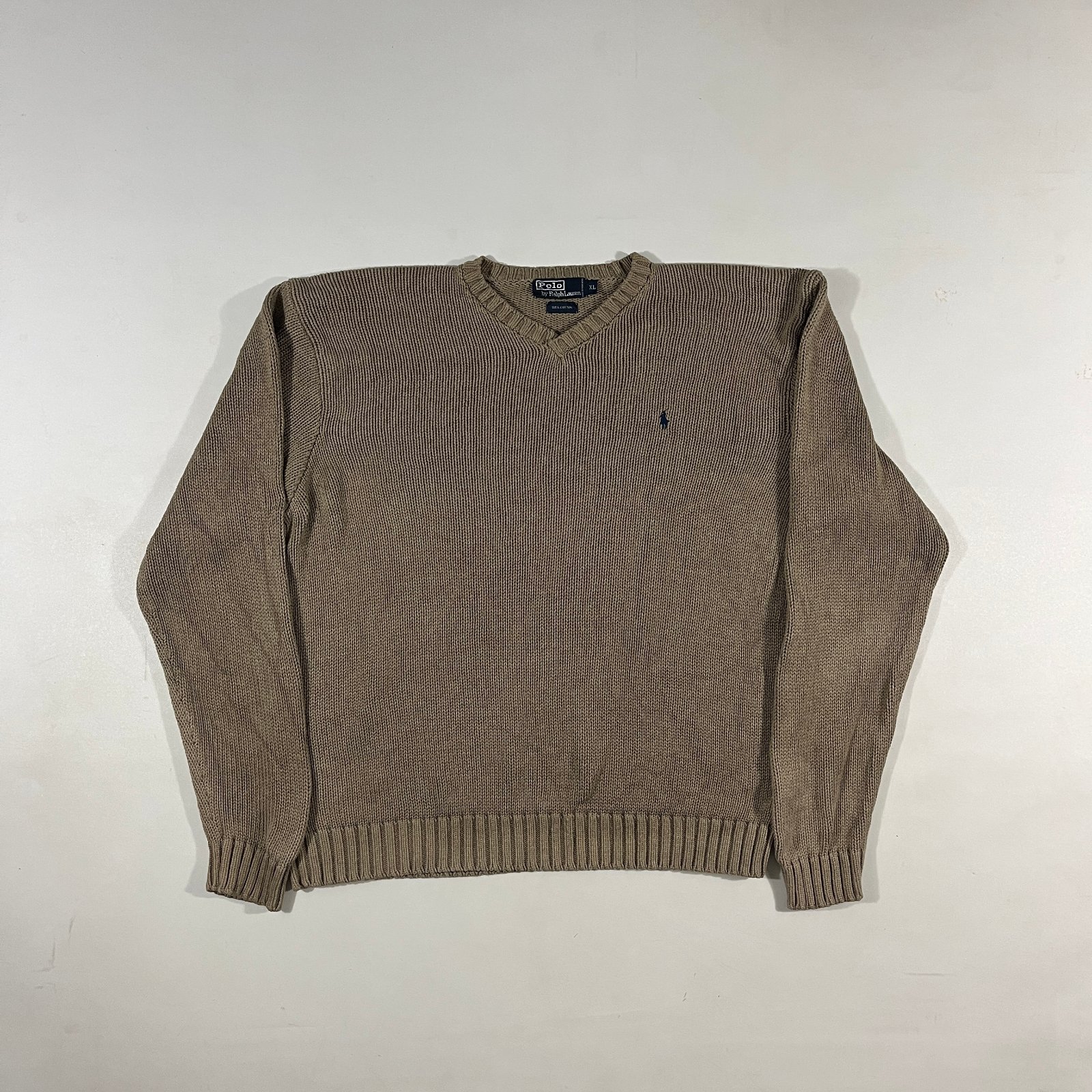 Vintage Polo Ralph Lauren Tan Cotton Knit V-Neck Sweater XL