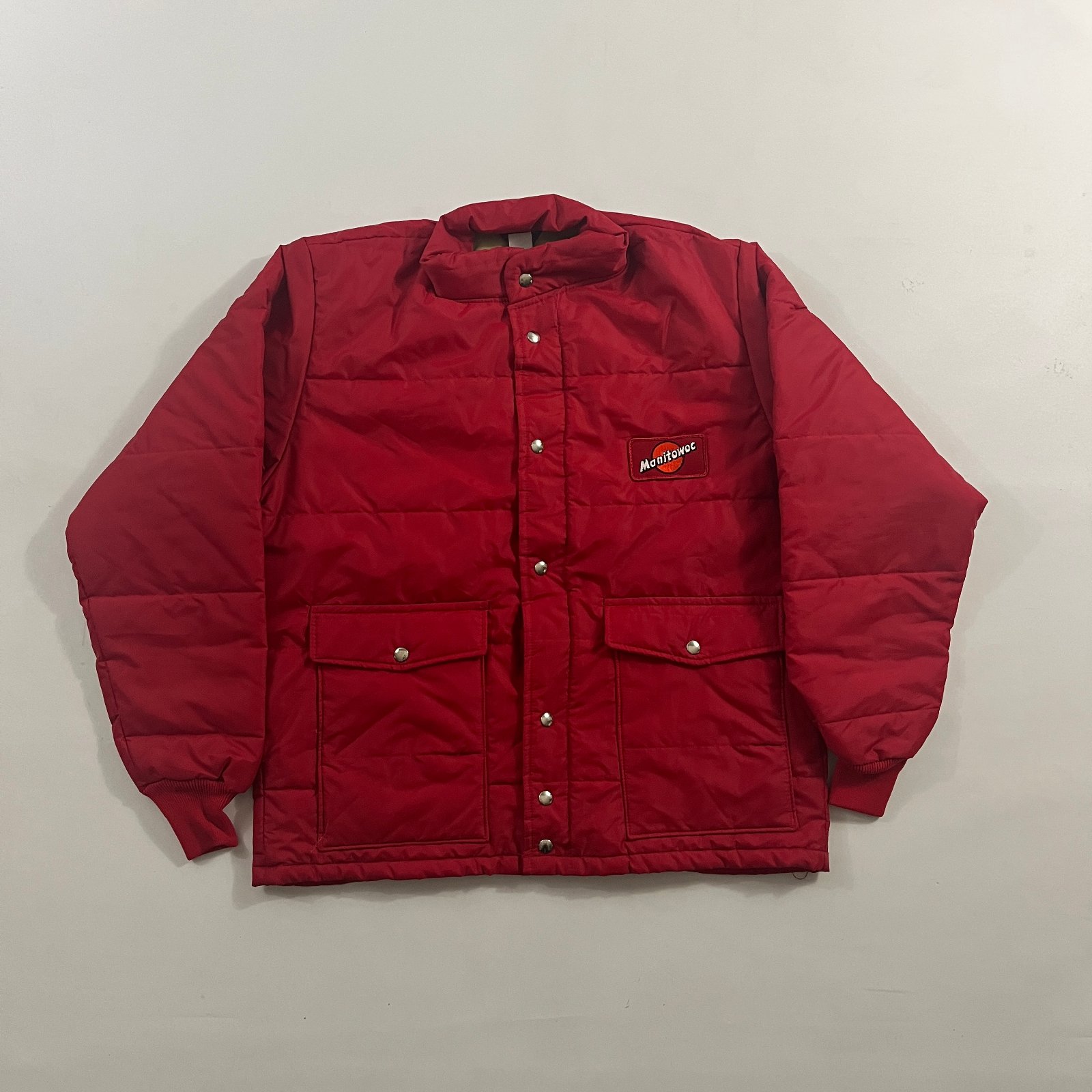 Vintage 80s Swingster Manitowoc Red Nylon Snap Front Puffer Jacket Work Coat L