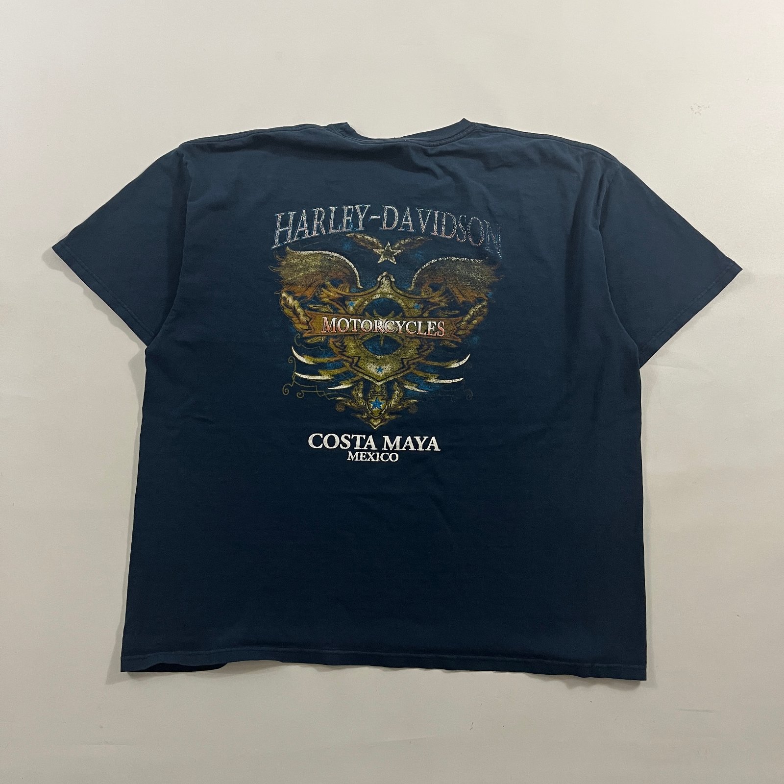 Harley Davidson Costa Maya Mexico Faded Navy Winged Crest Biker Tee