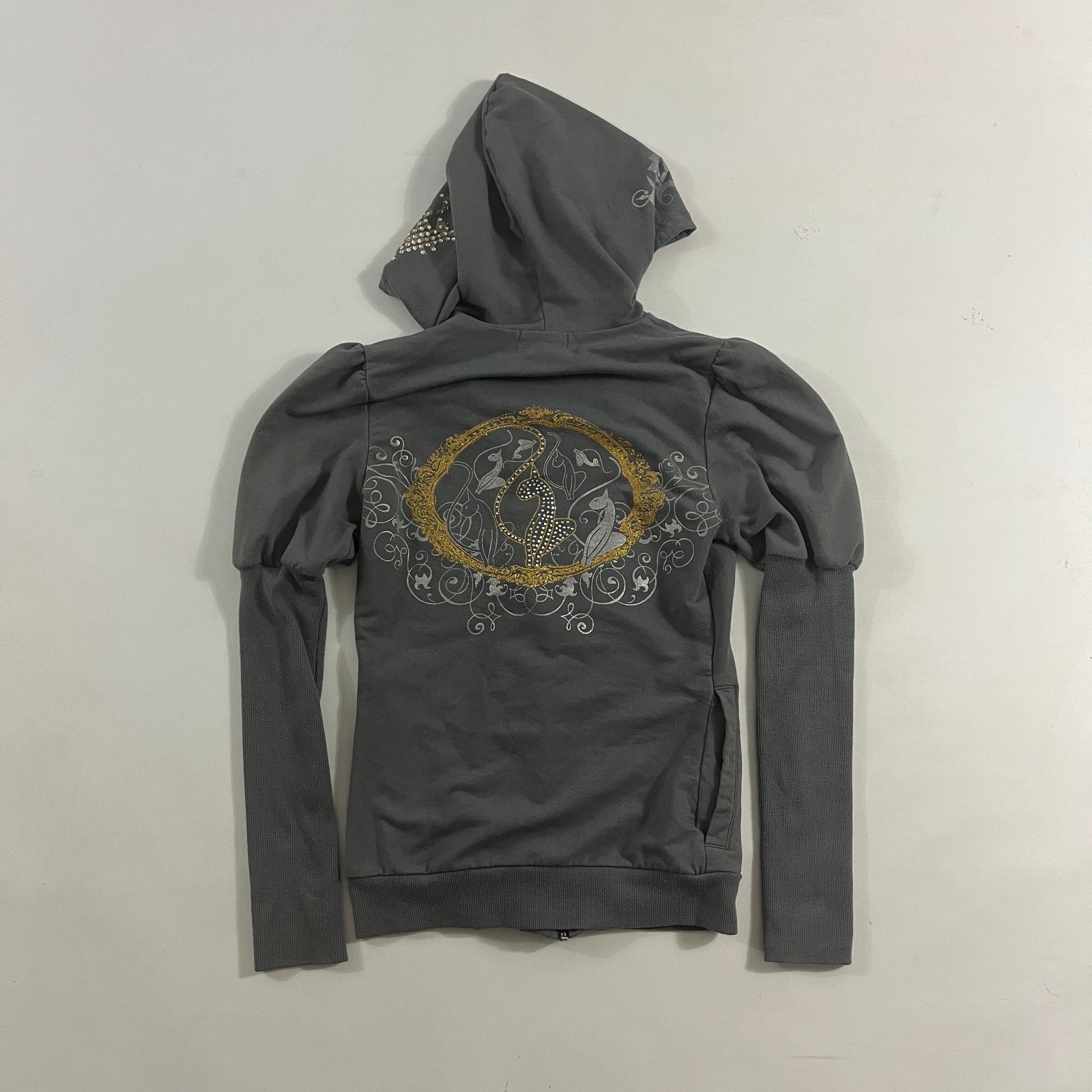 Y2K Baby Phat Gray Rhinestone Cat Logo Puff Sleeve Zip Up Hoodie M