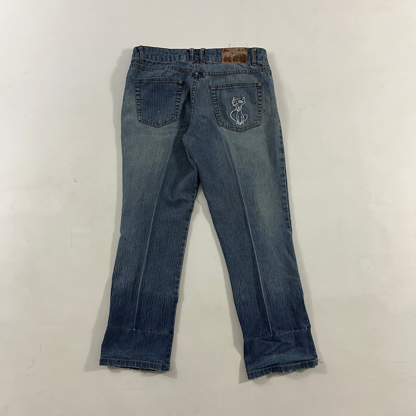 Y2K Goddess Trend Embroidered Kitty Cat Pocket Low Rise Bootcut Jeans