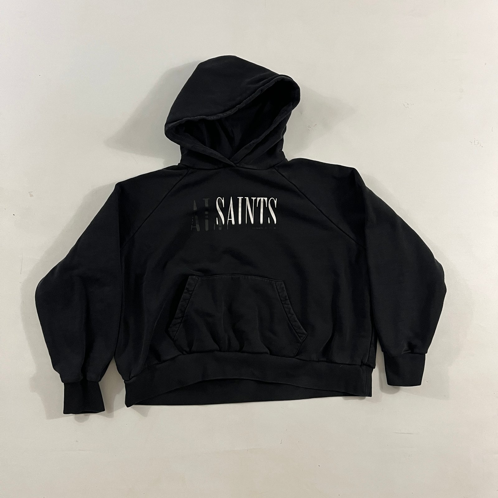 AllSaints Washed Black Double Logo Oversized Cropped Pullover Hoodie