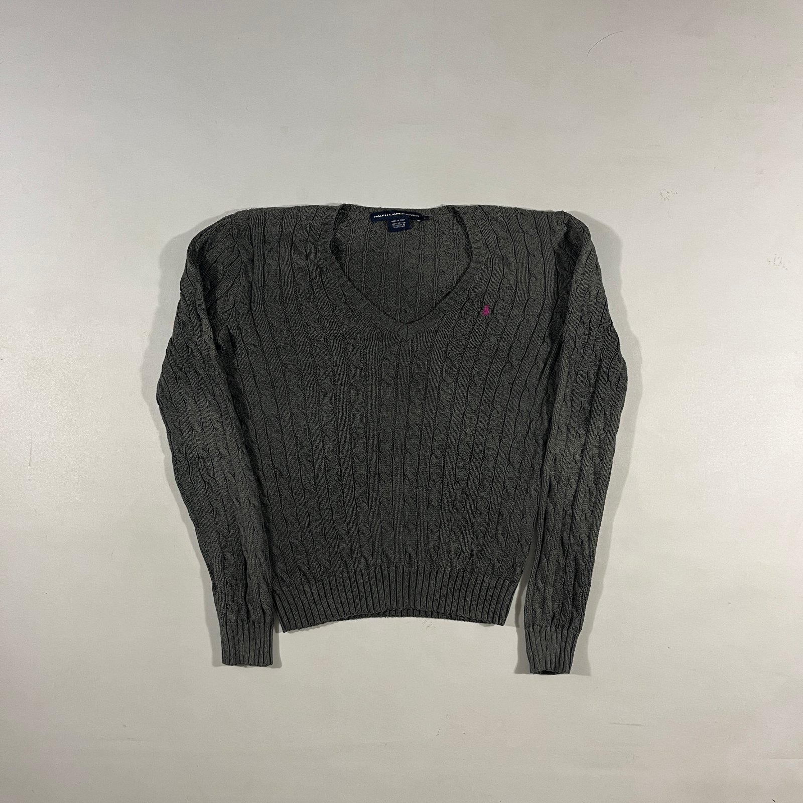 Ralph Lauren Sport Charcoal Gray Cotton Cable Knit V-Neck Sweater L