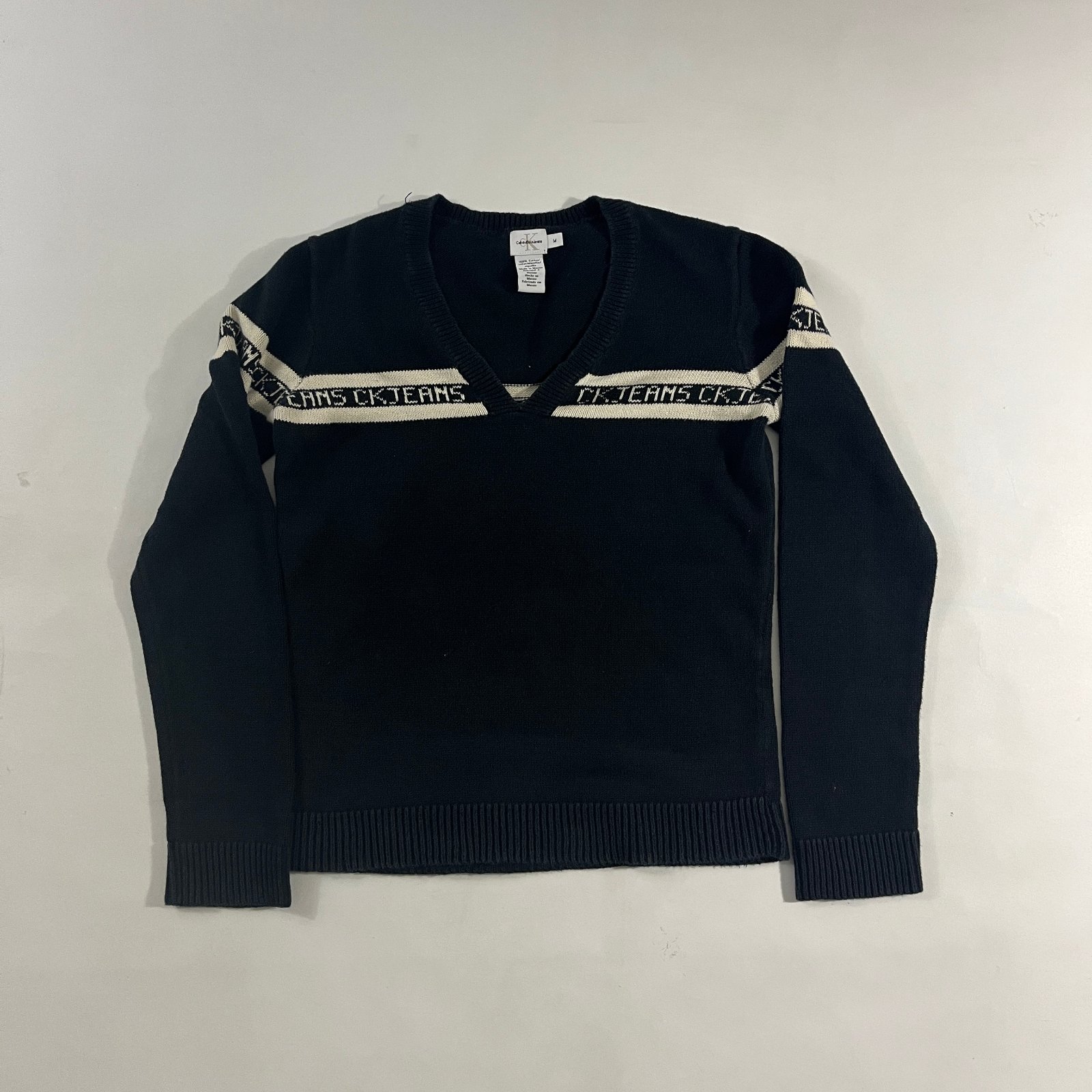 Vintage Y2K Calvin Klein Jeans Black Cream CK Spell Out V-Neck Knit Sweater M