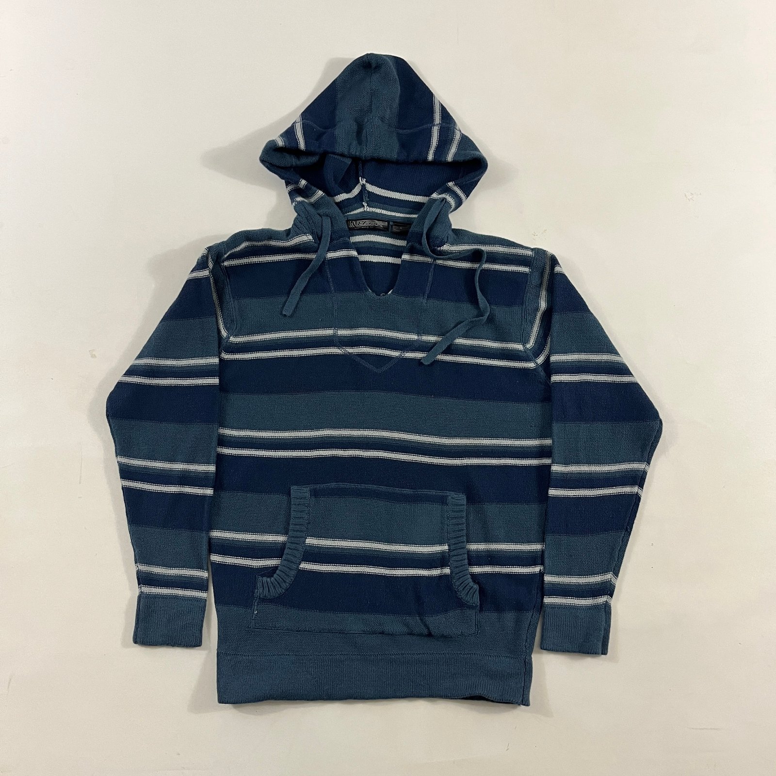 Vintage Y2K Elan Navy Striped Knit Baja Drug Rug Hoodie Pullover XL