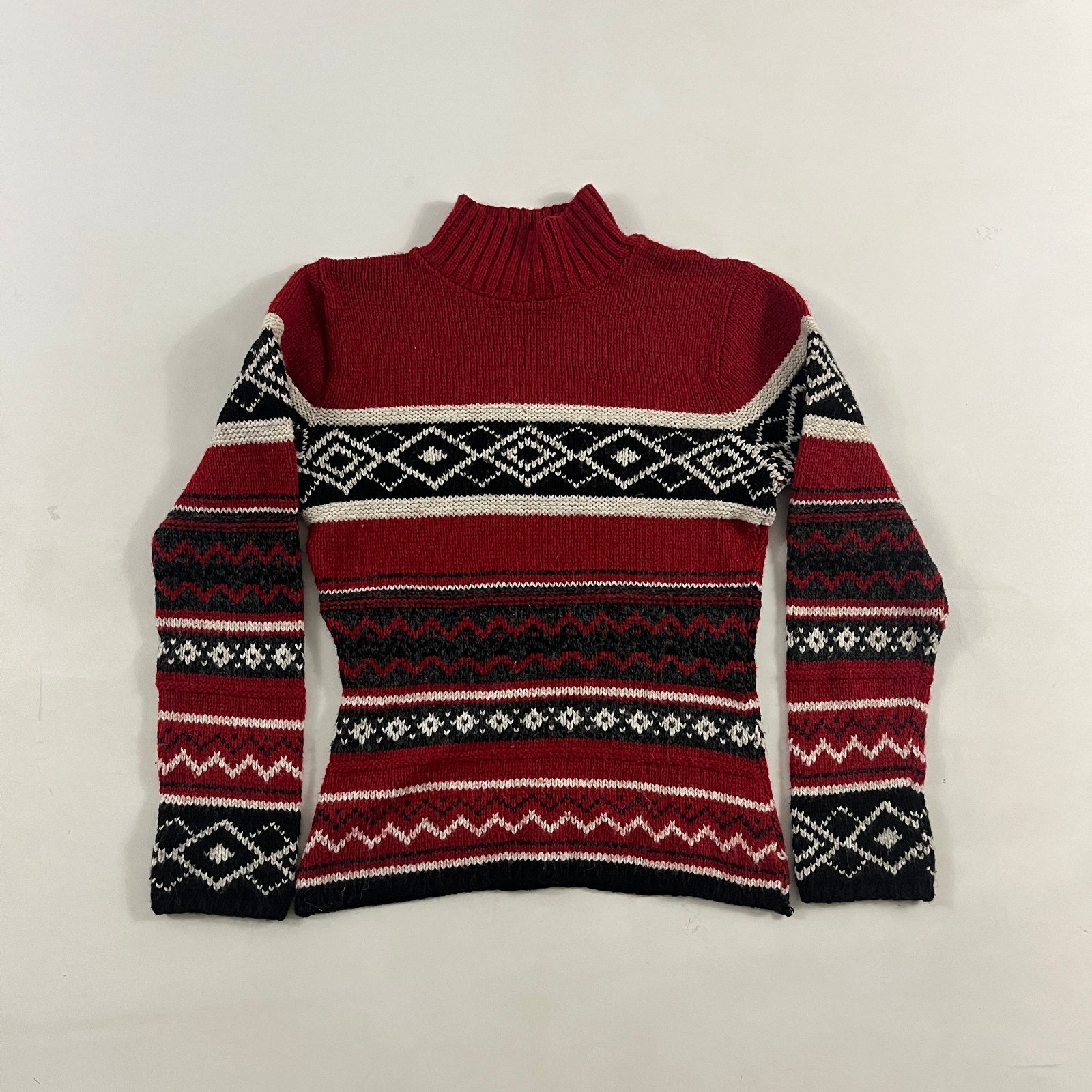 Vintage Y2K Kathy Ireland Burgundy Fair Isle Nordic Mock Neck Wool Blend Sweater S
