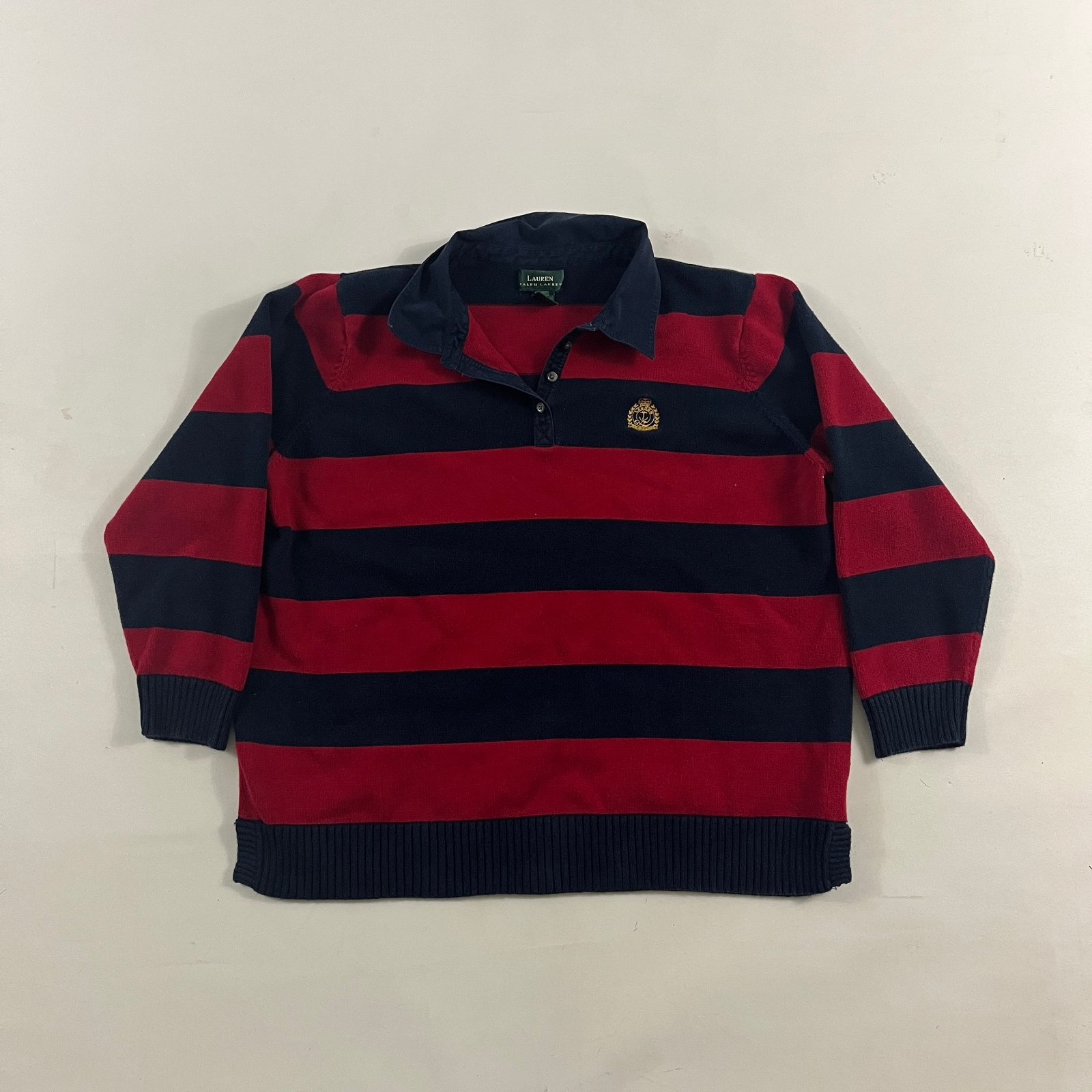 Lauren Ralph Lauren Red Navy Striped Rugby Collared Cotton Knit Sweater 1X