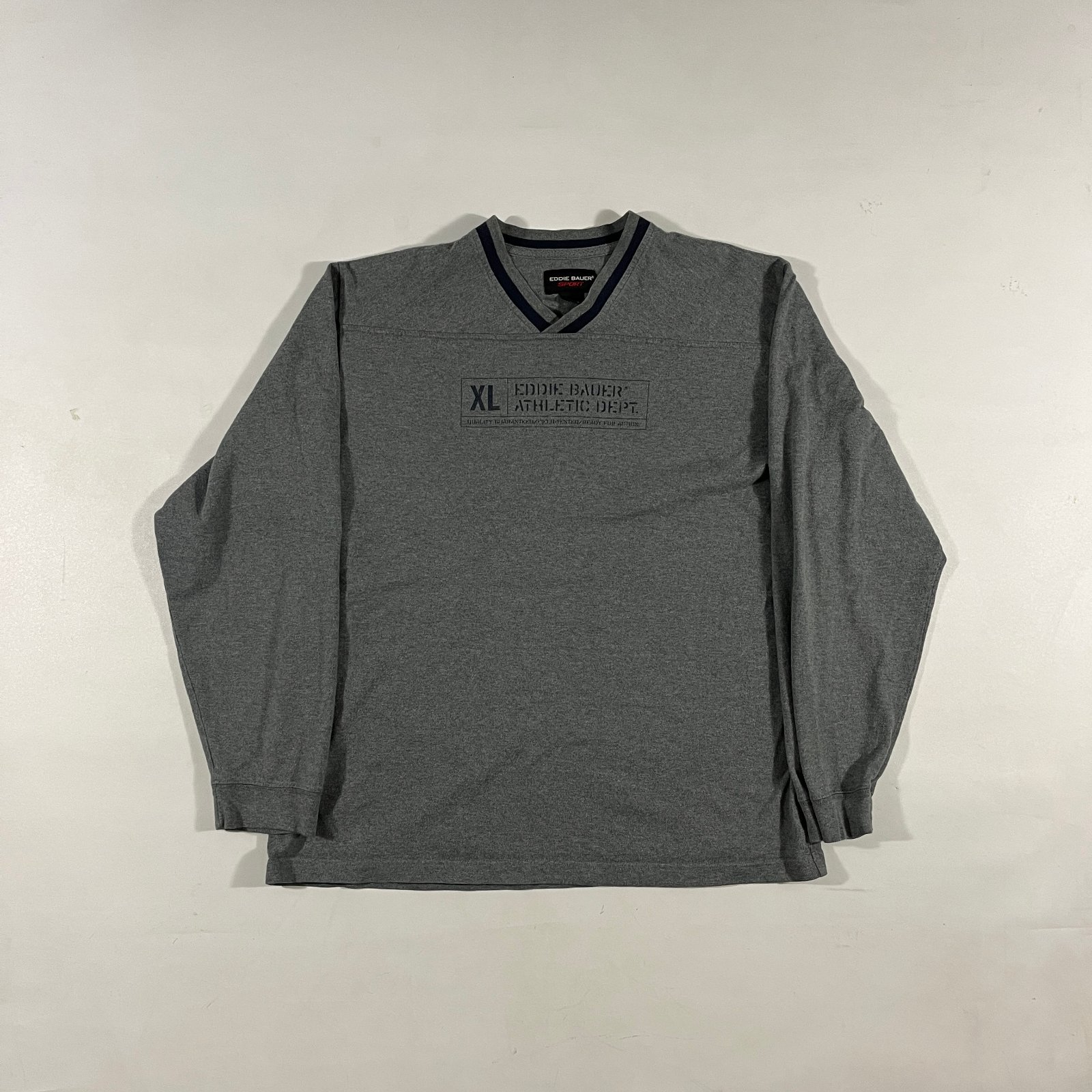 Vintage Y2K Eddie Bauer Sport Athletic Dept Gray V-Neck Long Sleeve Jersey Pullover