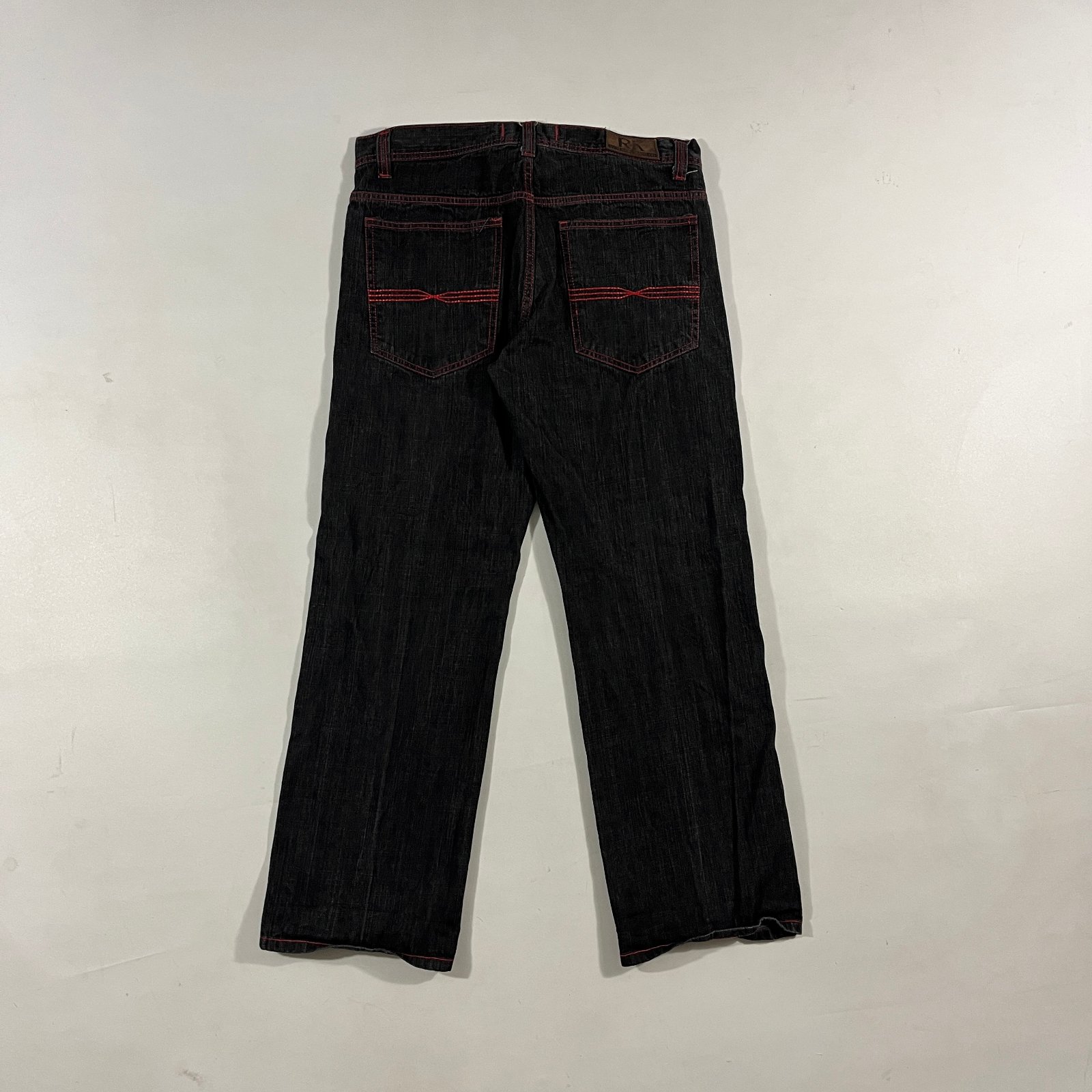 Y2K Black Denim Contrast Red Stitch Baggy Loose Fit Jeans Crest Patch 38x32
