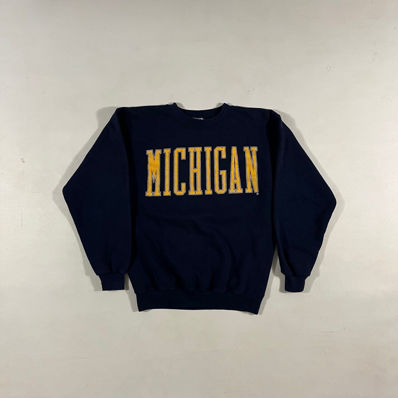 Vintage 90s Michigan Wolverines Spellout Navy Crewneck Sweatshirt