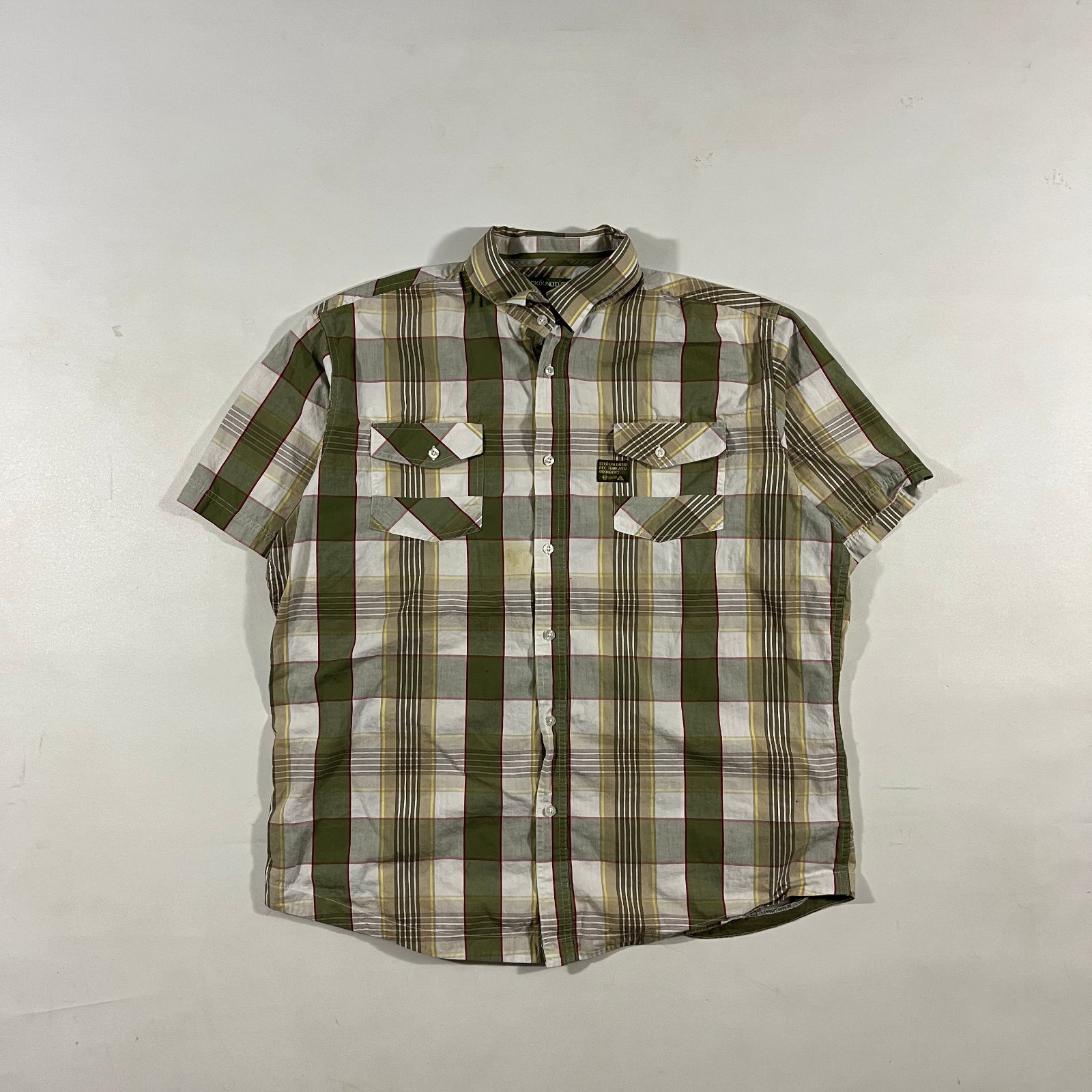 Y2K Ecko Unltd Olive Green Plaid Short Sleeve Button Down Shirt 2XL
